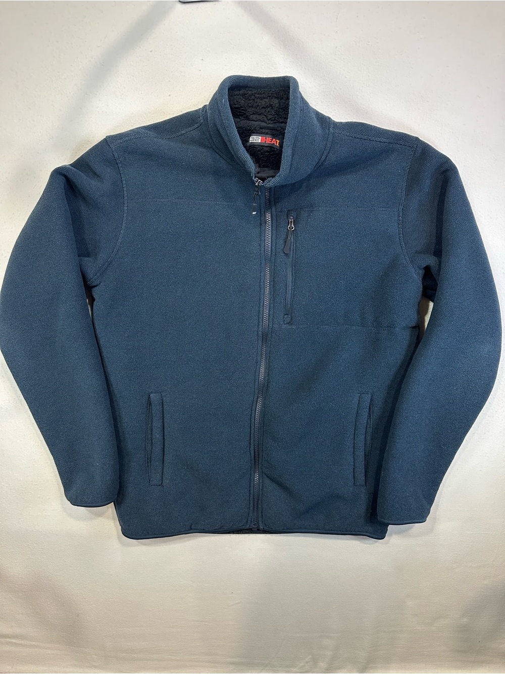 32 Degrees Heat Men's Sherpa Lined Full Zip Fleece Jacket Navy Blue Medium EUC